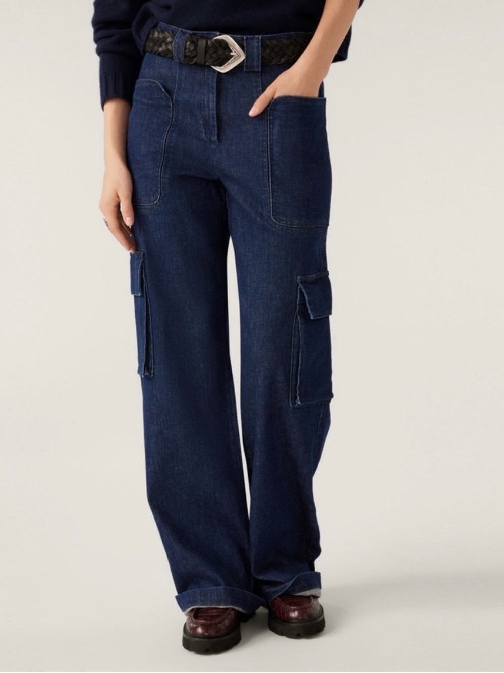 BA&SH: Wide-Leg Cargo Jeans in Dark Indigo - Women. Size 2